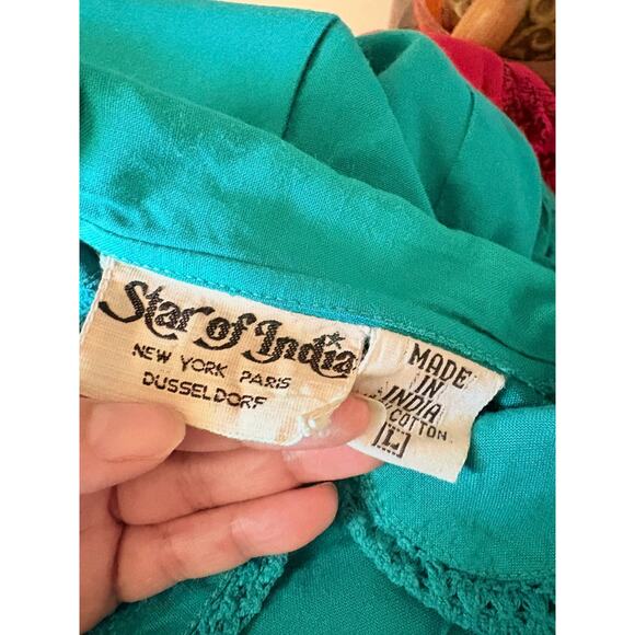 80s VTG Star of India Teal Women's Blouse Peter Pan Collar Boho Cotton Size S - Picture 5 of 6